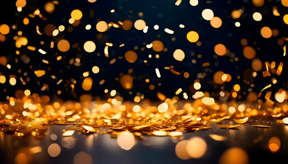 Golden confetti pieces scattered and floating against a dark background