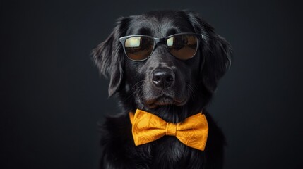 Stylish black dog wearing sunglasses and a bright orange bow tie poses against a dark background for a fashionable portrait