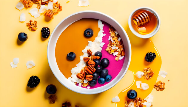Colorful smoothie bowl on a yellow background. The bowl contains a pink smoothie base with a decorative arrangement of toppings, including blueberries, blackberries, pecans, coconut flakes, and granol