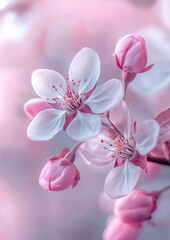 Fototapeta premium A beautiful arrangement of soft pastel-colored flowers, featuring cherry blossoms creating a romantic ambiance perfect for springtime decor
