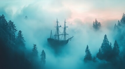 Obraz premium Enigmatic Ship in Misty Mountains: A Surreal Seascape