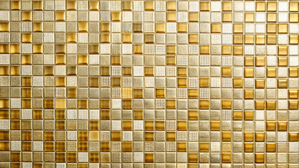Golden Mosaic Pattern: A close-up shot showcases a dazzling, intricately designed mosaic wall, featuring a stunning blend of golden, bronze and neutral square tiles.