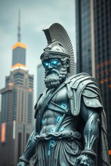 Fototapeta premium Futuristic Warrior Statue: Classic armor meets modern city backdrop with glowing neon accents.