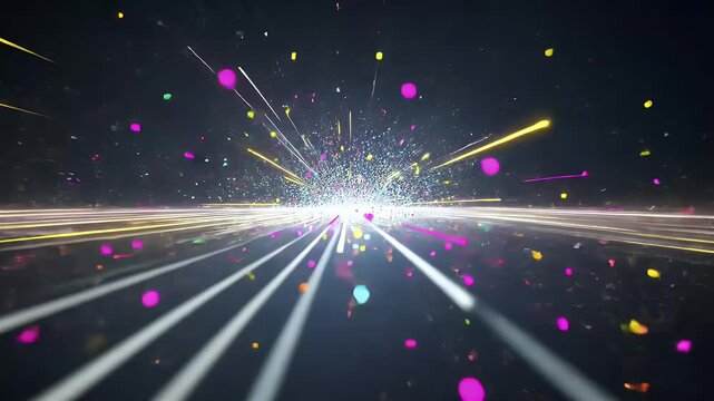 Dynamic Abstract Background with Motion Blur Featuring Colorful Light Streaks and Particles Creating a Sense of Speed and Technology with Glowing Effects on Dark Backdrop Optimized for Adobe Stock