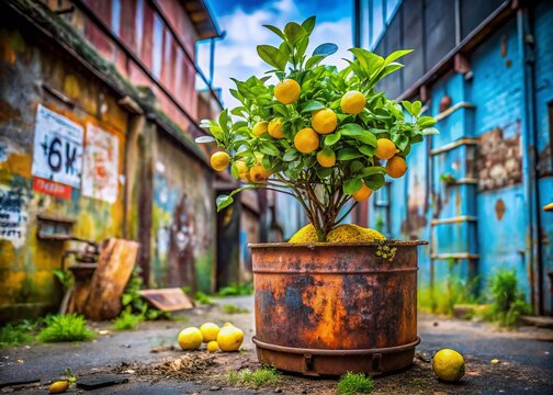 Urban Exploration Photography:  Overgrown Lemon Tree,  Rusty Metal,  Motivational Lemonade Stand