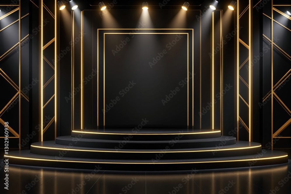 Aufkleber luxurious black and gold stage with illuminated steps and geometric lighting design.