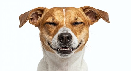 Smiling Dog Close-up with Closed Eyes on White Background Portrait