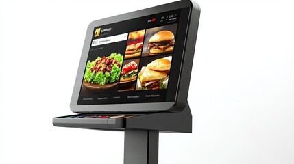 Modern self-service touchscreen kiosk with digital food menu display for automated ordering in fast food restaurant