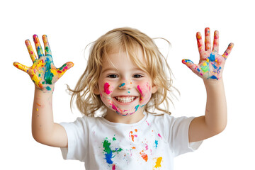 A joyful and energetic portrait of a cheerful child fully immersed in a creative painting activity, with vibrant paint-covered hands and a beaming smile PNG isolated transparent background download