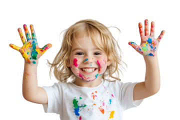A joyful and energetic portrait of a cheerful child fully immersed in a creative painting activity, with vibrant paint-covered hands and a beaming smile PNG isolated transparent background download