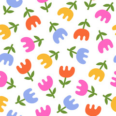 Seamless pattern with random tulip flowers on a white background. Cute floral minimal print. Childish design. Vector illustration