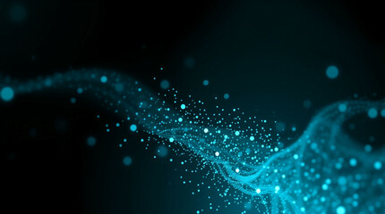 Abstract digital background featuring glowing teal particles flowing in a smooth, wave-like motion. 