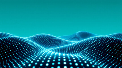 Abstract digital background with glowing blue dots arranged in smooth wave patterns, illuminated with a soft turquoise light.