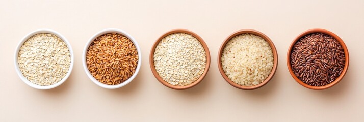 Colorful display of nutritious whole grains in ceramic bowls on soft beige background ideal for healthy cooking inspiration