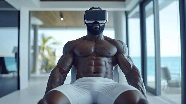 Muscular Black Man Tattoos Sits Chair Wearing Vr Headset. Is Modern, Luxurious Home Ocean Views. Focuses Physique Contrast Between Build Tranquil Background.