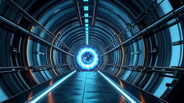 Futuristic Metallic Tunnel with Glowing Blue Portal Effect and Neon Orange Accents Smooth Illumination on a Seamless Modern Design with Advanced Technology and Cyberpunk Aesthetic Perfect for Adobe
