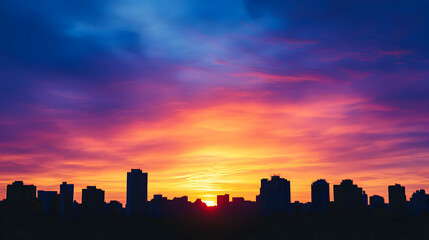 Cityscape Silhouette at Colorful Dawn Orange Purple Sky, Dramatic Skyline at Sunrise, Urban Scene, Dark City Silhouette