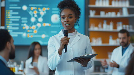 Black Female Scientist, Wearing Lab Coat, Presents Research Findings Colleagues Using Microphone Notes. Features Large Screen Displaying Complex Data Visualization, Suggesting Scientific Medical