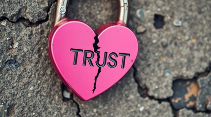 Fototapeta premium Broken Trust: A pink, heart-shaped padlock is cracked down the middle, symbolizing damaged trustworthiness.
