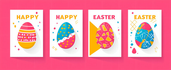 Set of four minimalist Easter cards with green eggs, bunnies, and floral patterns on pink background. Flat vector illustration featuring "Happy Easter" text, geometric shapes, and symbolic elements li