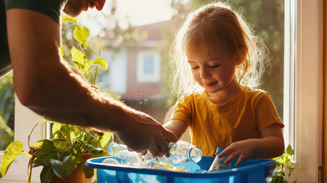 Families recycling at home, father and daughter sorting bottles together