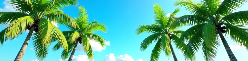 Obraz premium Lush green palm trees against clear blue sky, tropical paradise vibes, green, tropical, lush