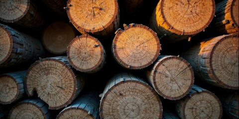 Close-up view of stacked tree logs, exhibiting concentric rings and warm wood tones under natural light