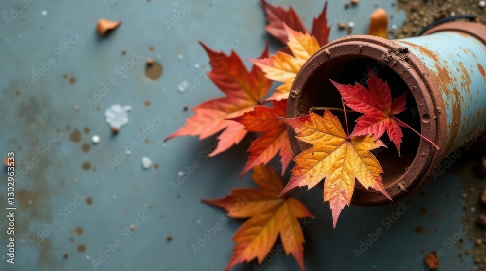 Poster autumn leaves nestled in a rustic terracotta pot on a textured surface