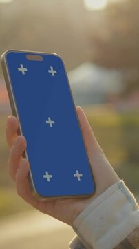Vertical Screen: Female looking smartphone with chroma key display, standing amid autumn park greenery during golden sunlight hours