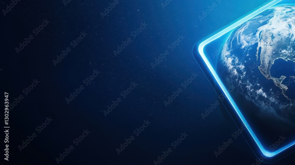 Poster a glowing representation of earth enclosed in a luminous frame against a dark background, symbolizin