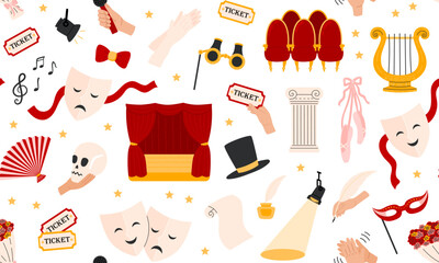 Theater seamless pattern. Theatre stage with red curtain, theatrical comedy and drama mask, ticket, lyra, flowers, musical notes, pointe shoes. Theatre Day background. Flat Vector illustration