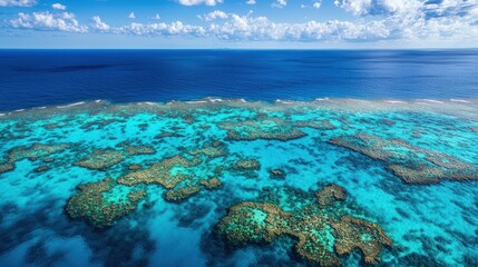 Fototapeta premium A vibrant aerial view of the Great Barrier Reef, showcasing colorful coral formations and deep blue ocean channels