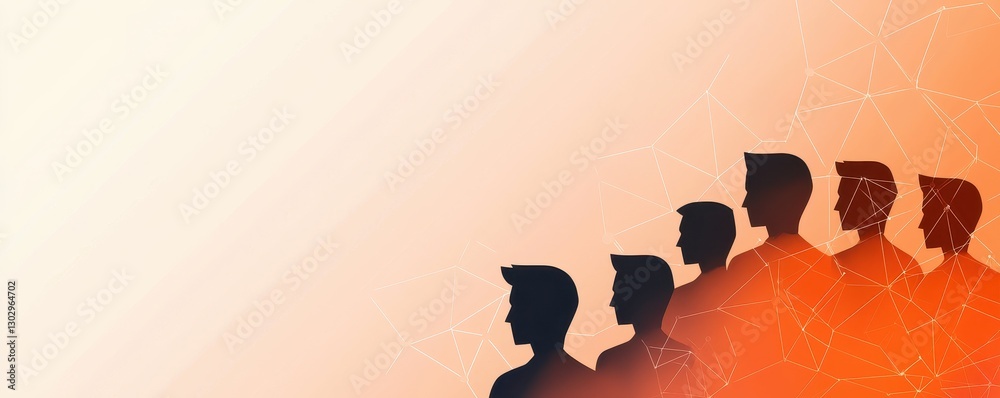 Poster a silhouette of multiple people in a line against an orange gradient background, symbolizing unity, 