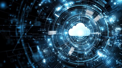 Obraz premium Digital cloud surrounded by futuristic data streams and circuits. Represents connectivity, innovation, data storage, and digital transformation in modern technology landscapes.