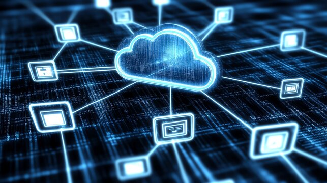 Digital cloud network illustration showcasing interconnected data and media. Abstract glowing lines connecting various devices in a futuristic technology concept.