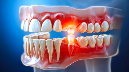 Obraz premium 3D Illustration of Human Dental Anatomy Highlighting Tooth Pain with Maxilla and Mandible Structure and Implant Focus