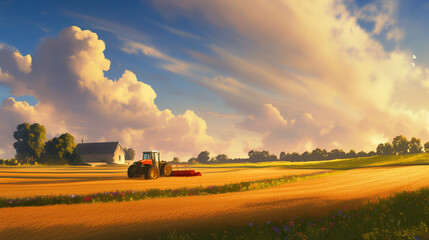 Tractor working in farmland during sunset with crops and rural landscape