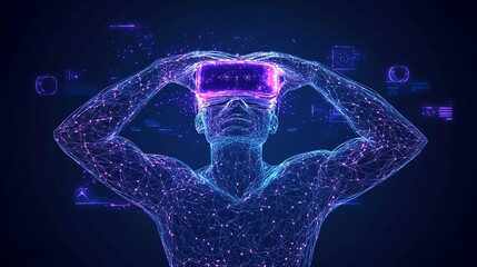 Futuristic digital illustration of a virtual reality user with vibrant neon colors, showcasing the endless possibilities of VR technology in immersive environments and innovative e