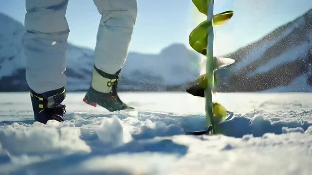 凍った湖でワカサギ釣りの穴あけする人とアイスドリル1