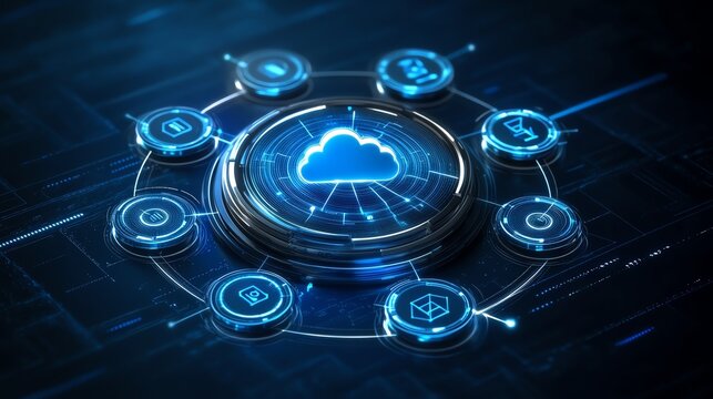 Futuristic digital interface featuring a central cloud computing hub, surrounded by interconnected icons, representing modern digital technology and network systems.