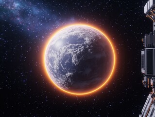Fototapeta premium Stunning view of a distant planet illuminated by a glowing halo in space