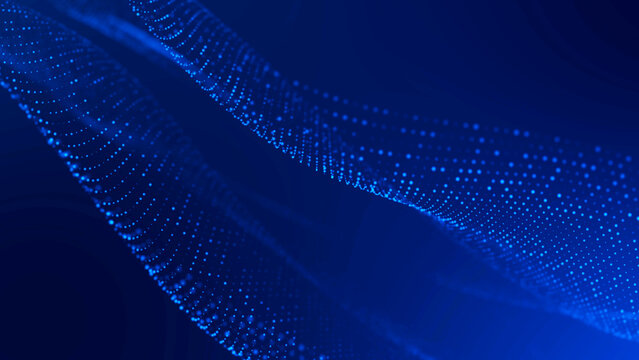 Neon blue abstract background. Random glow particle texture. Wave. Its chaotic, mosaic-like ornament with a linear dot pattern for banners, posters, website design, social media frames.