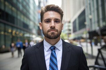 Fototapeta premium Portrait of a successful businessman in a black suit standing confidently in the city