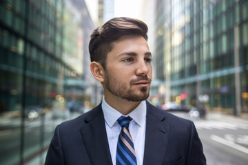 Fototapeta premium Professional young businessman in a pinstriped suit and striped tie looking to the side with a thoughtful and strategic expression in a city setting