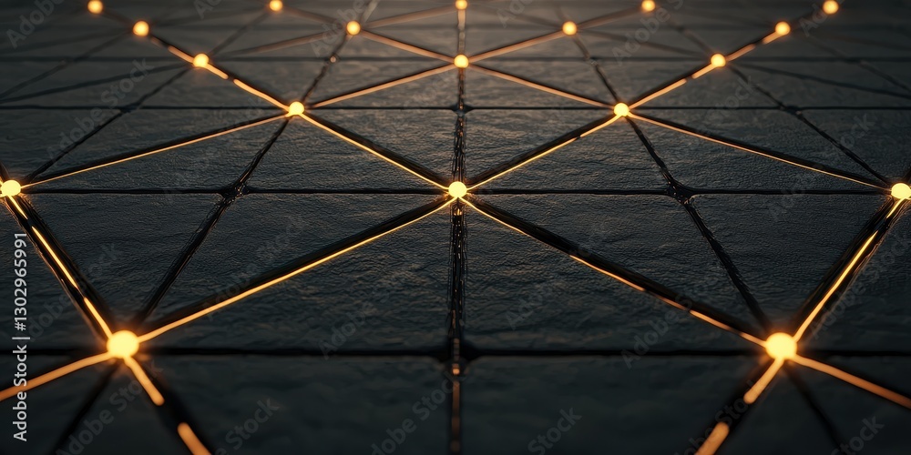 Poster The image features a geometric pattern of illuminated points connected by lines on a textured surface, creating a visually striking design.