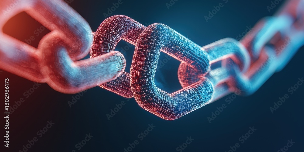 Aufkleber A close-up view of a digital chain link illuminated in blue and red, symbolizing connection and technology.