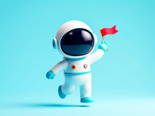 cheerful 3d rendered astronaut running and holding a red flag