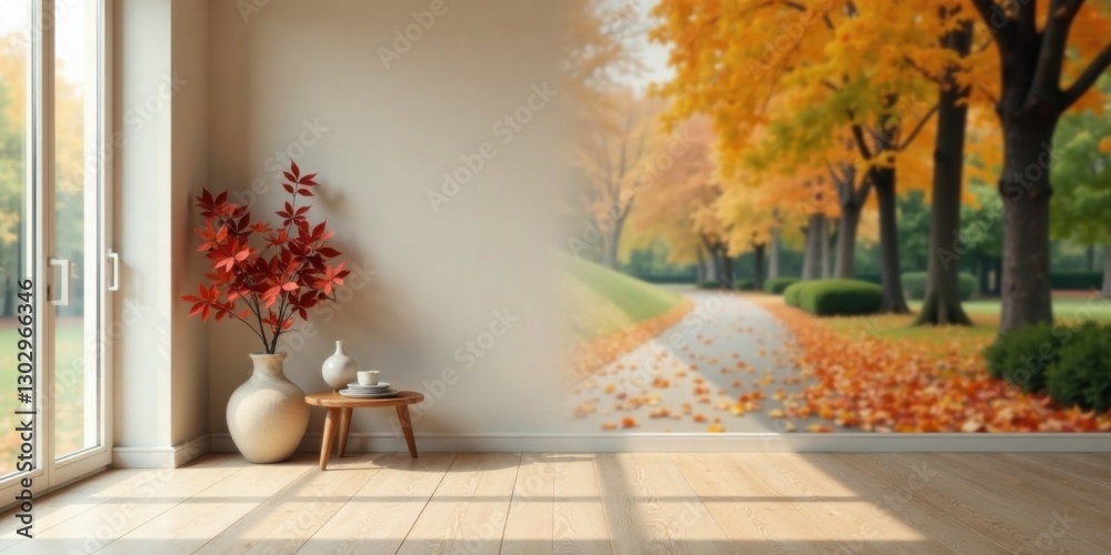 Aufkleber autumnal interior design featuring a vase of red foliage and a view of a pathway lined with golden t