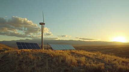 Obraz premium A wind turbine next to a solar panel array, showcasing multiple renewable energy sources