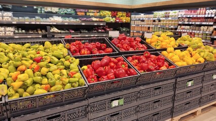 Fresh green, red, and yellow peppers displayed in grocery store produce section